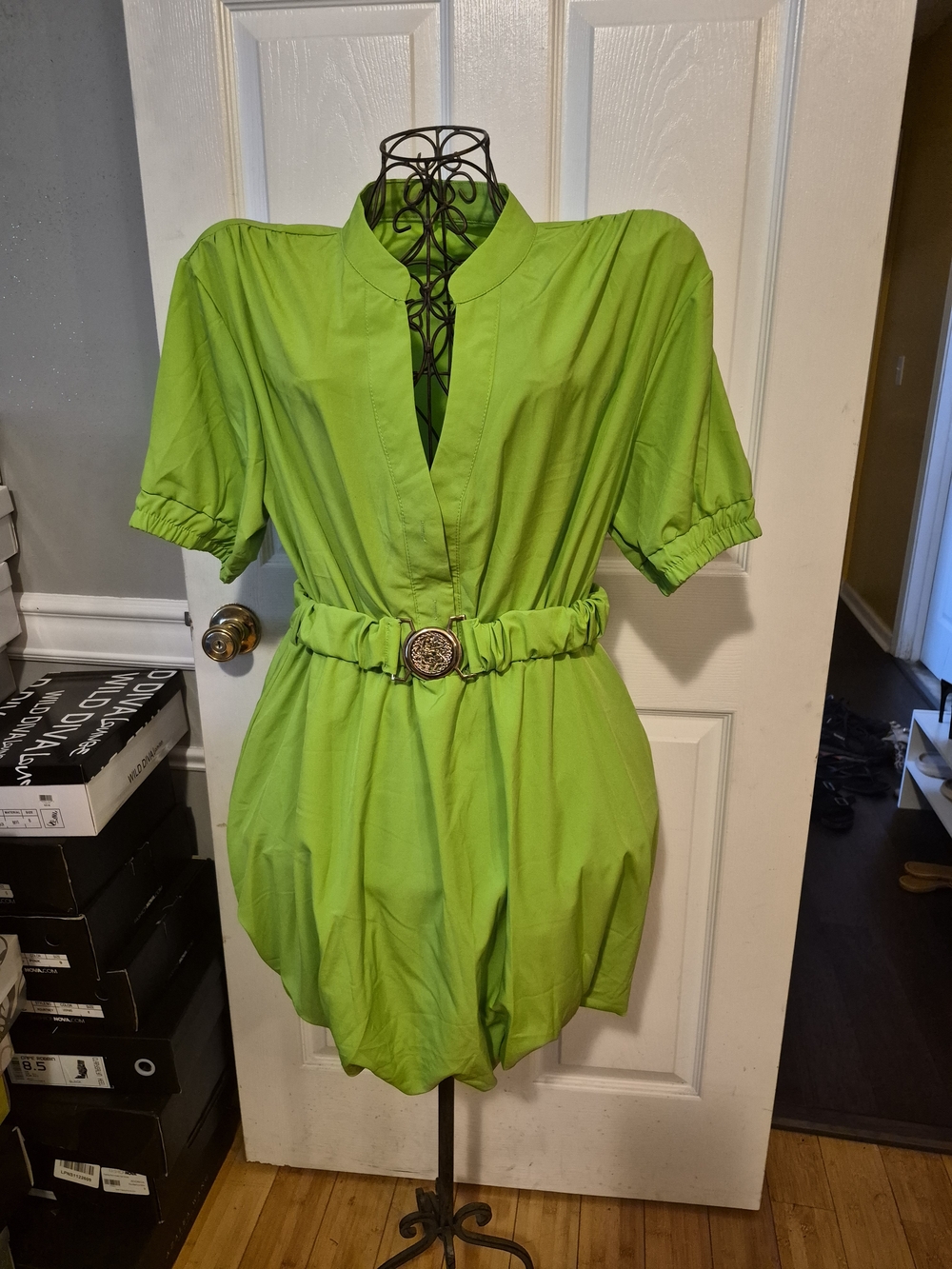 Bright Lime Green Belted Shirt Dress